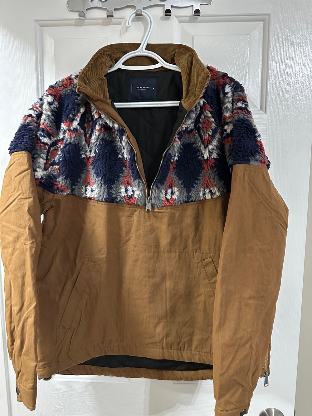 Lucky Brand Tan Pullover Jacket with Navy & Red Sherpa Yoke